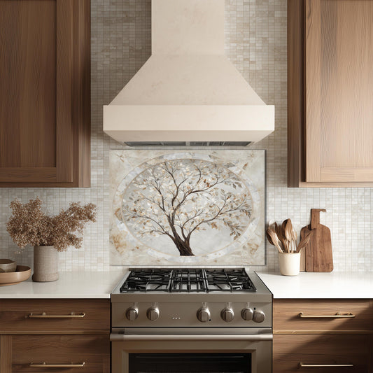 Glass Backsplash for Kitchen, Easy Clean Tempered Glass Panel, Marble Tree of Life Medallion