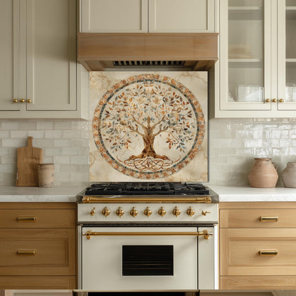Glass Backsplash for Kitchen, Easy Clean Tempered Glass Panel, Tree of Life Mosaic Medallion