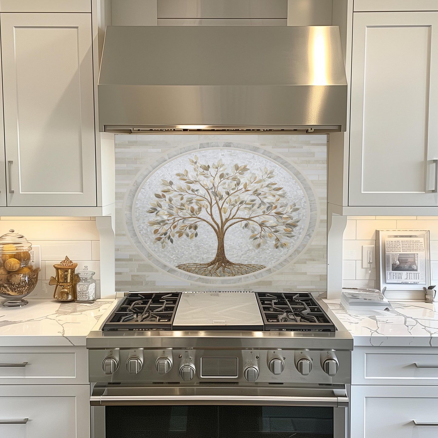 Glass Backsplash for Kitchen, Easy Clean Tempered Glass Panel, Tree of Life Marble Mosaic