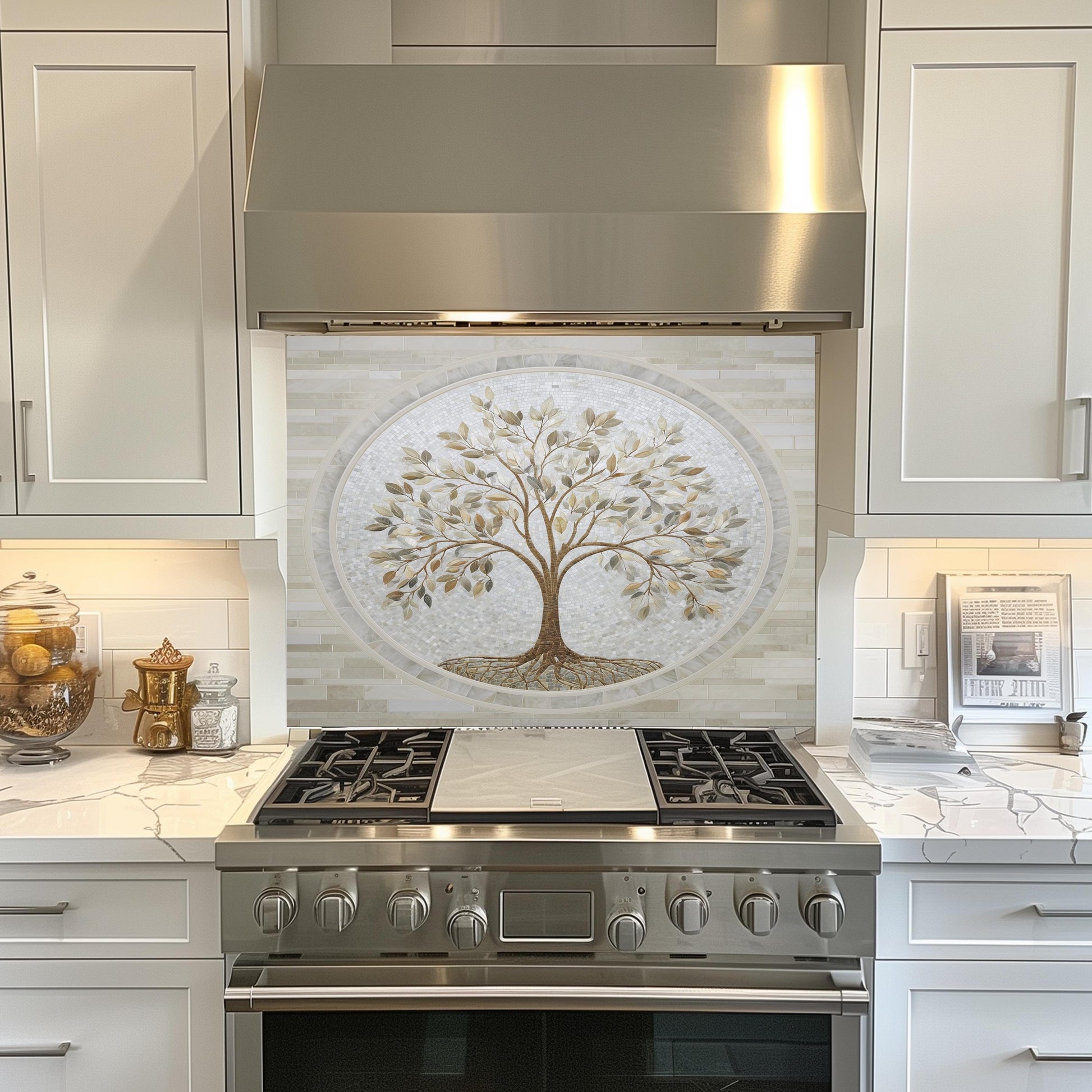 Glass Backsplash for Kitchen, Easy Clean Tempered Glass Panel, Tree of Life Marble Mosaic