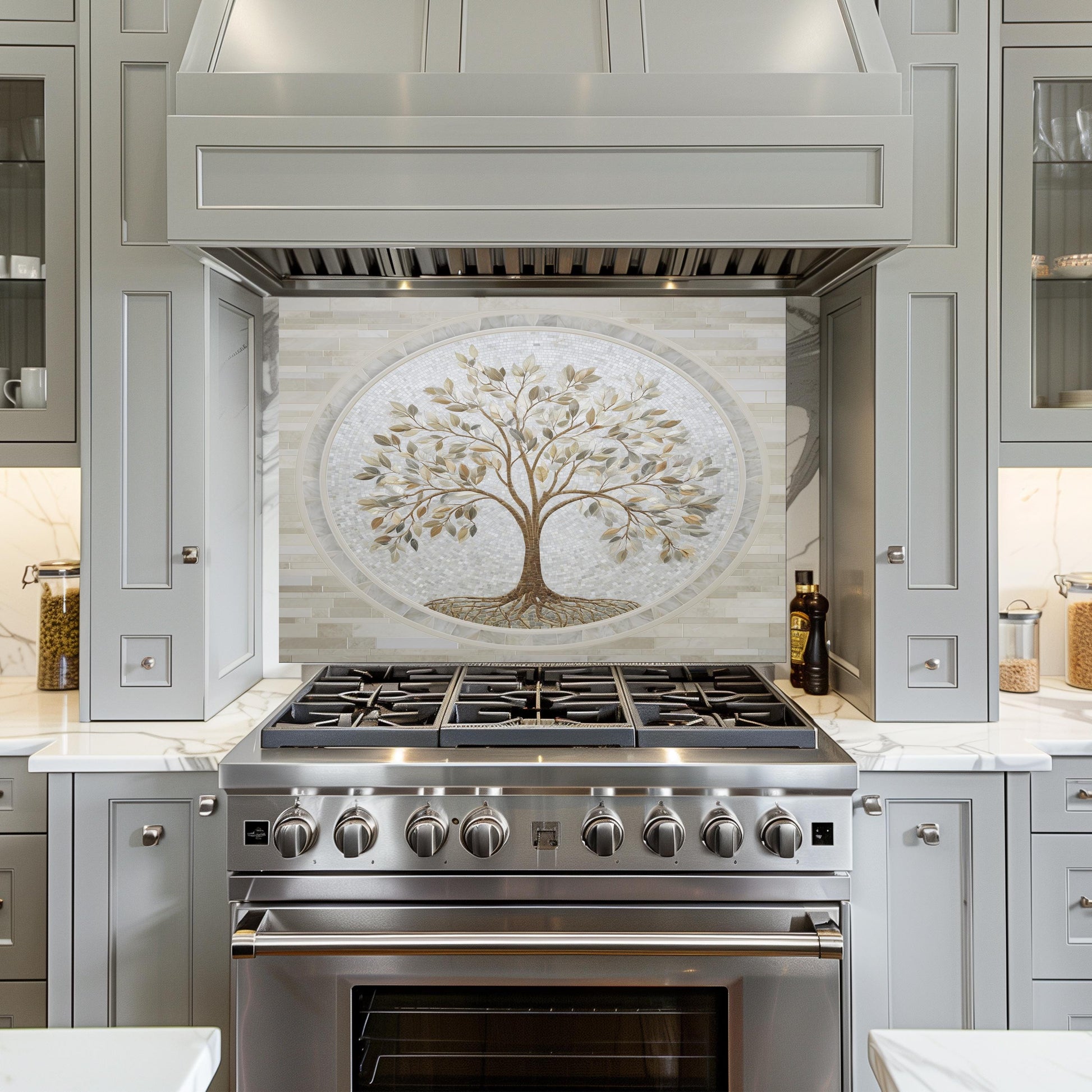 Glass Backsplash for Kitchen, Easy Clean Tempered Glass Panel, Tree of Life Marble Mosaic