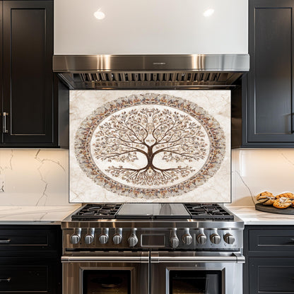Glass Backsplash for Kitchen, Heat Resistant Tempered Panel, Autumn Tree Mosaic Medallion Art