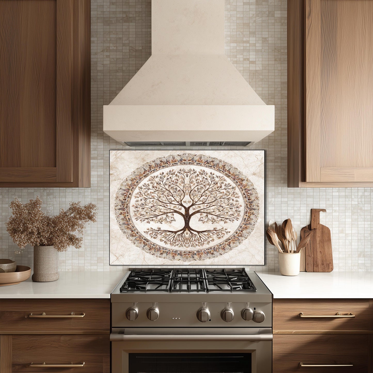 Glass Backsplash for Kitchen, Heat Resistant Tempered Panel, Autumn Tree Mosaic Medallion Art
