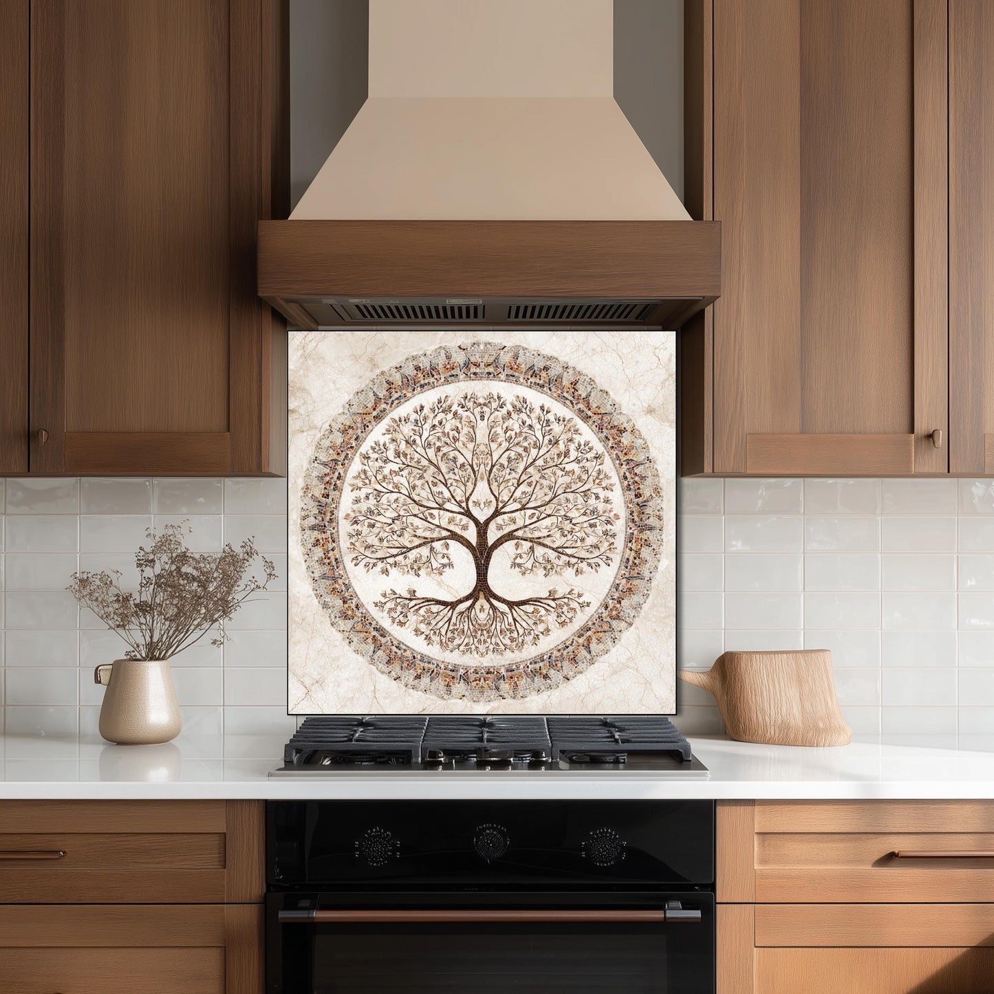 Glass Backsplash for Kitchen, Heat Resistant Tempered Panel, Autumn Tree Mosaic Medallion Art