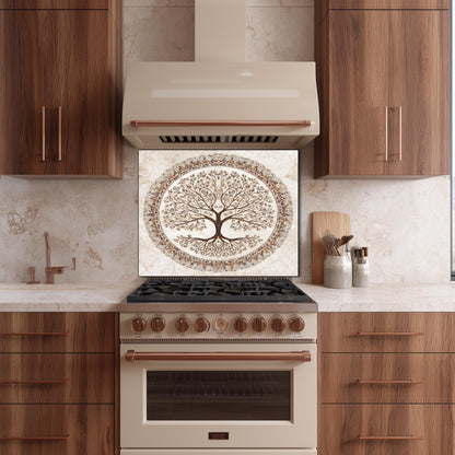 Glass Backsplash for Kitchen, Heat Resistant Tempered Panel, Autumn Tree Mosaic Medallion Art