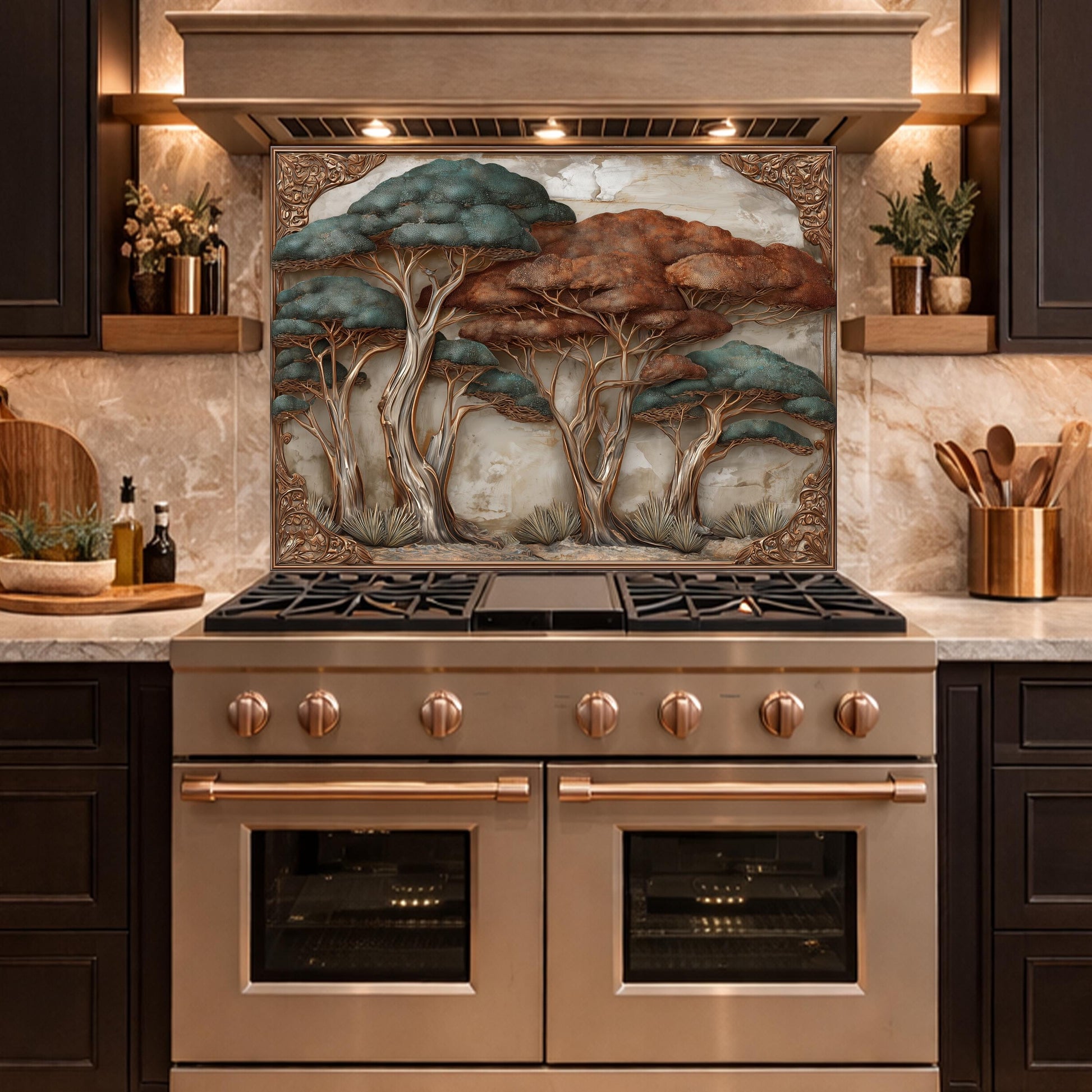 Ethereal Blue Waves with Golden Mountain Peaks Kitchen Backsplash, Glass Stove Guard