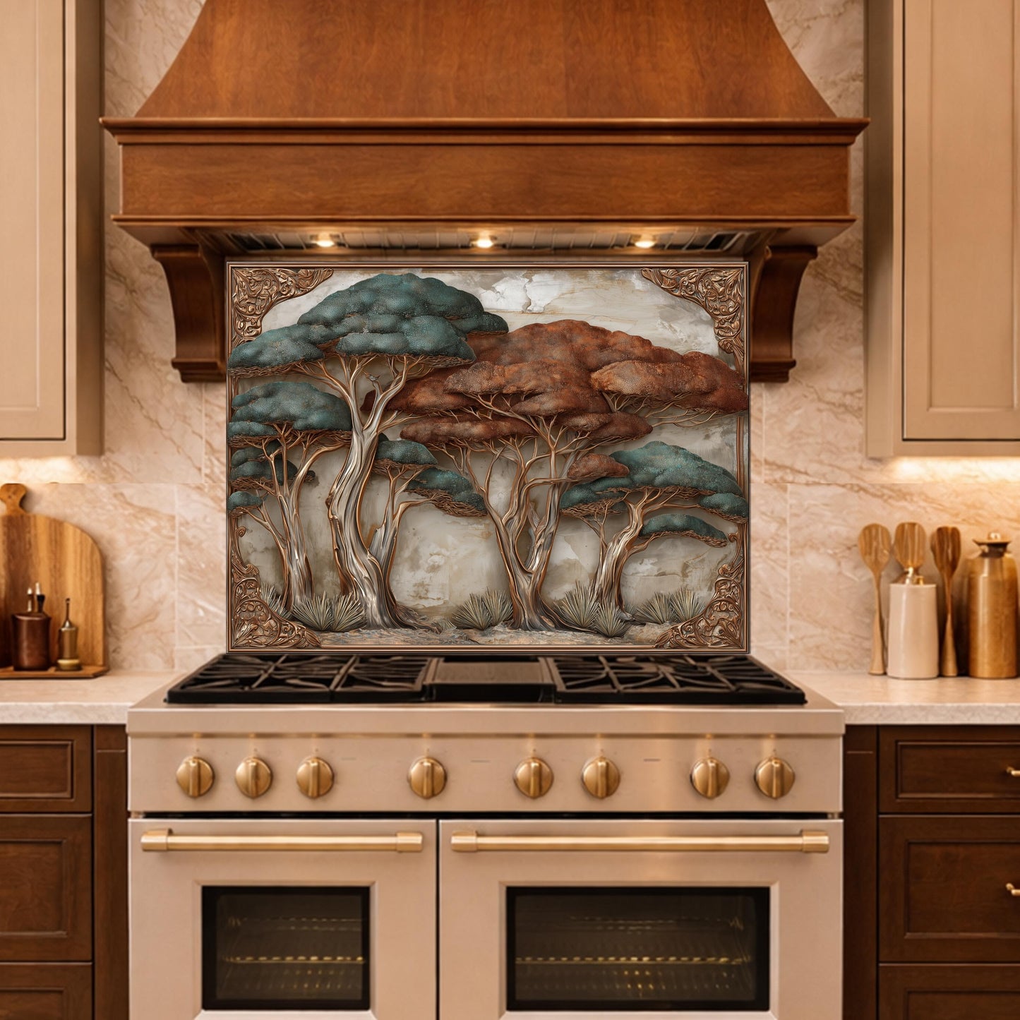 Ethereal Blue Waves with Golden Mountain Peaks Kitchen Backsplash, Glass Stove Guard