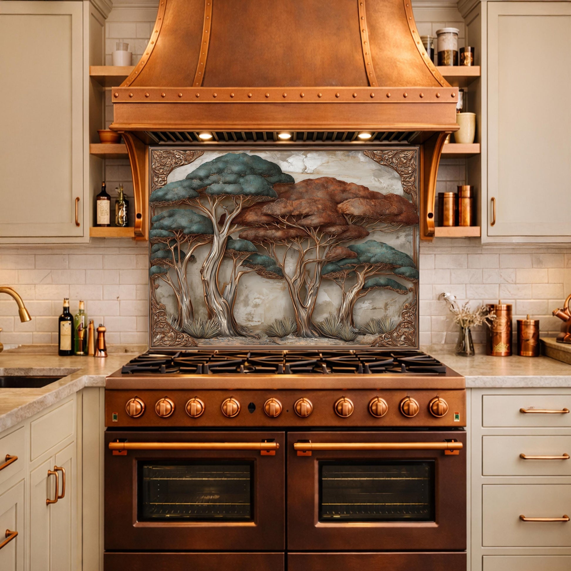 Ethereal Blue Waves with Golden Mountain Peaks Kitchen Backsplash, Glass Stove Guard