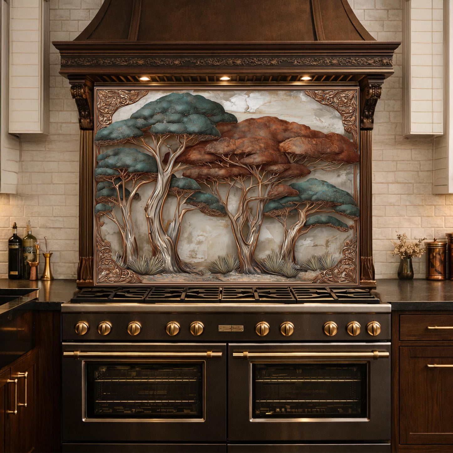 Ethereal Blue Waves with Golden Mountain Peaks Kitchen Backsplash, Glass Stove Guard