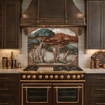 Ethereal Blue Waves with Golden Mountain Peaks Kitchen Backsplash, Glass Stove Guard