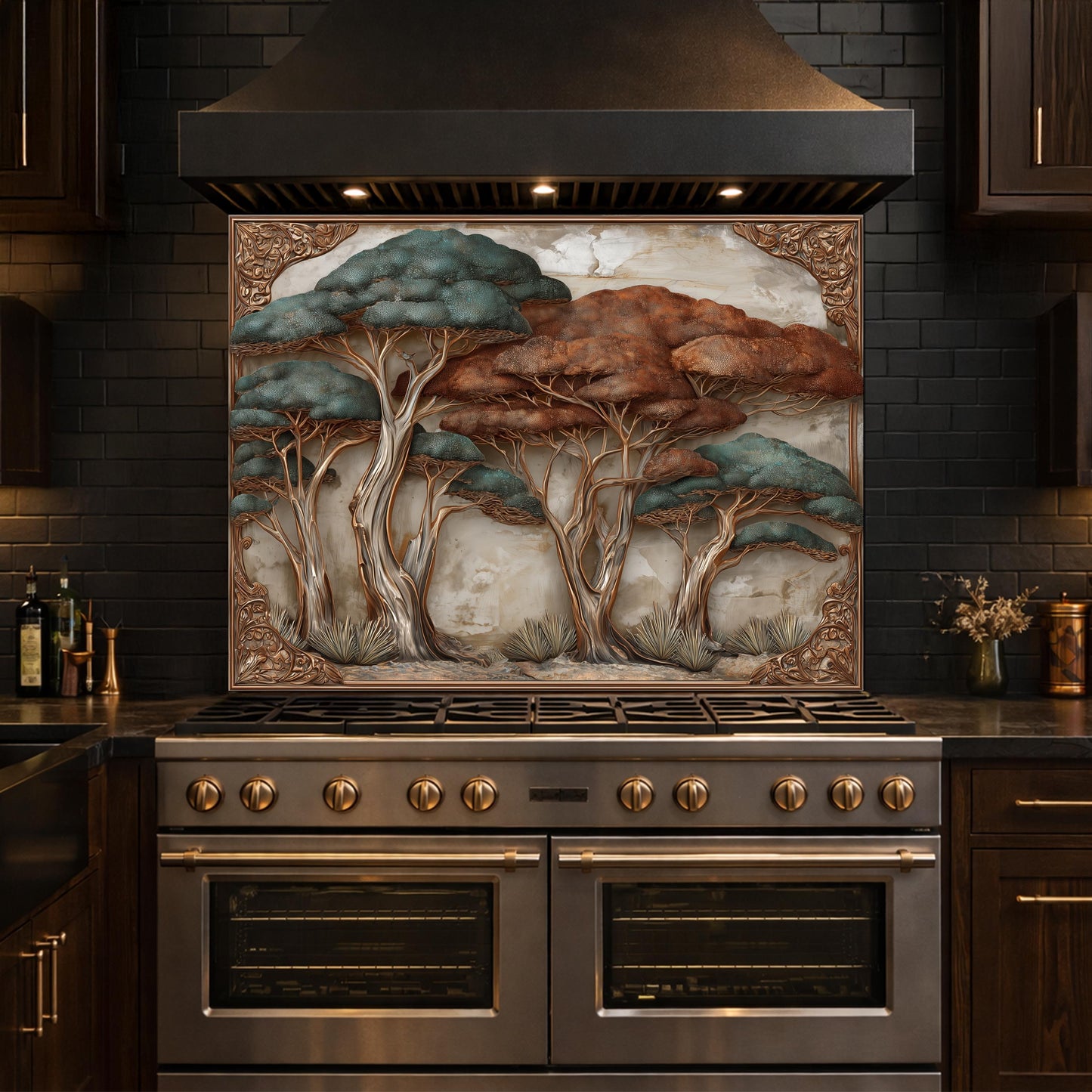 Ethereal Blue Waves with Golden Mountain Peaks Kitchen Backsplash, Glass Stove Guard