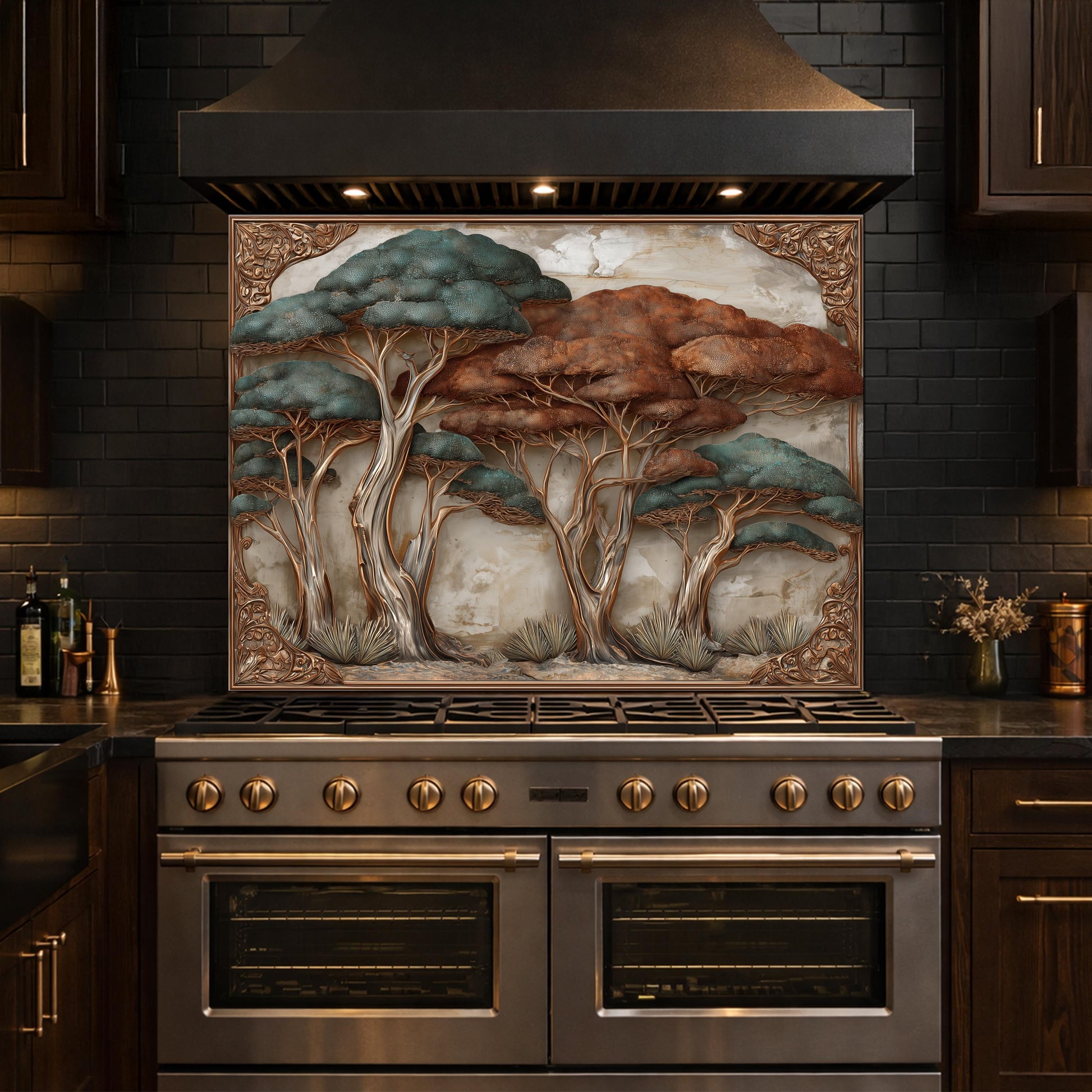 Ethereal Blue Waves with Golden Mountain Peaks Kitchen Backsplash, Glass Stove Guard