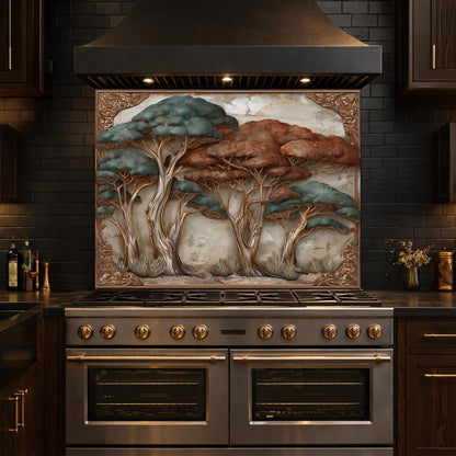 Ethereal Blue Waves with Golden Mountain Peaks Kitchen Backsplash, Glass Stove Guard