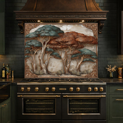 Ethereal Blue Waves with Golden Mountain Peaks Kitchen Backsplash, Glass Stove Guard