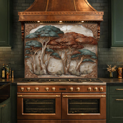 Ethereal Blue Waves with Golden Mountain Peaks Kitchen Backsplash, Glass Stove Guard