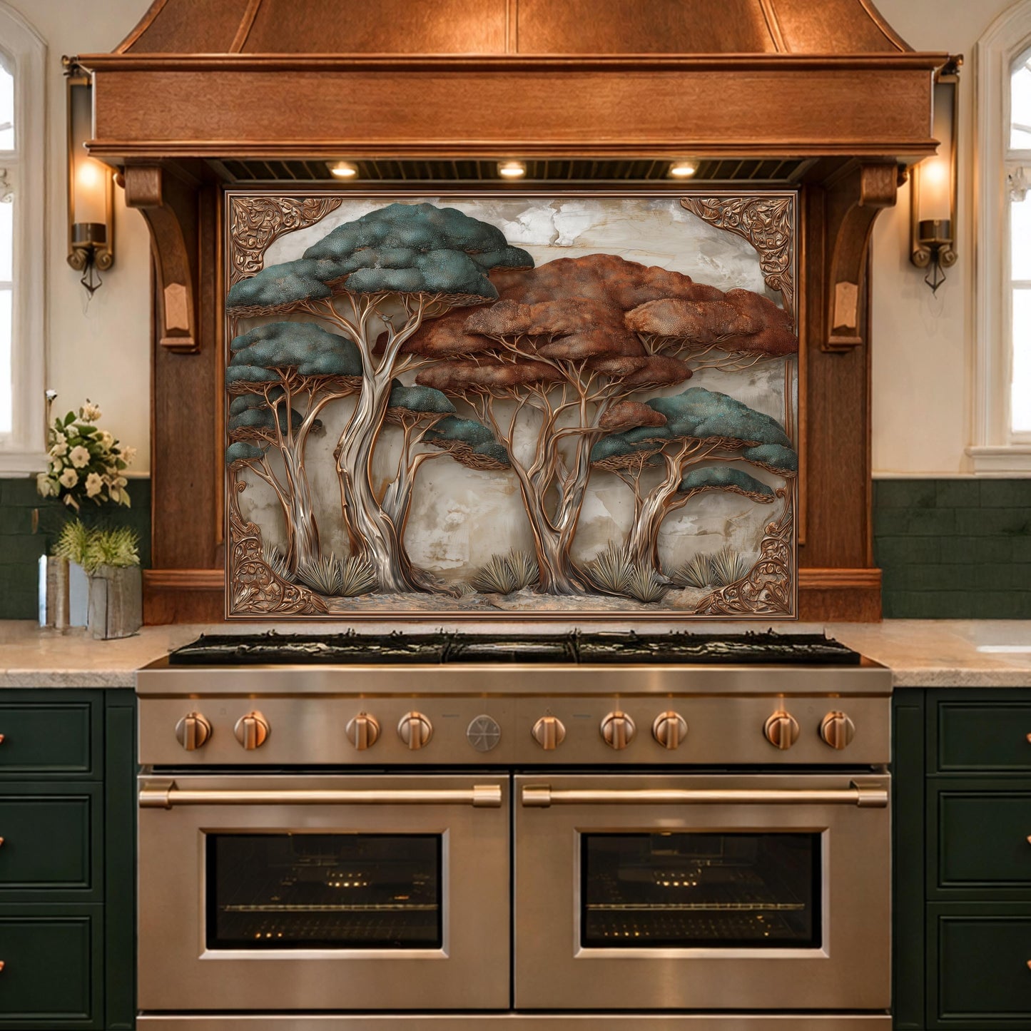 Ethereal Blue Waves with Golden Mountain Peaks Kitchen Backsplash, Glass Stove Guard