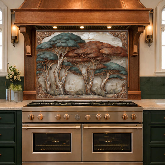 Ethereal Blue Waves with Golden Mountain Peaks Kitchen Backsplash, Glass Stove Guard