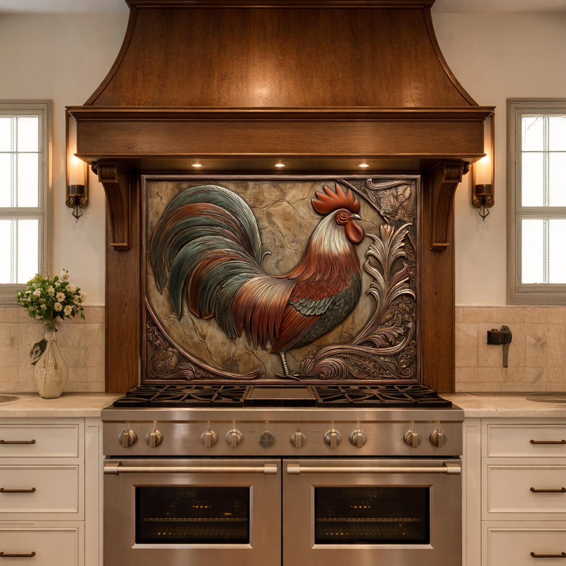 Rustic Copper Rooster Backsplash, Farmhouse Style Wall Panel, Custom Size Stove Guard