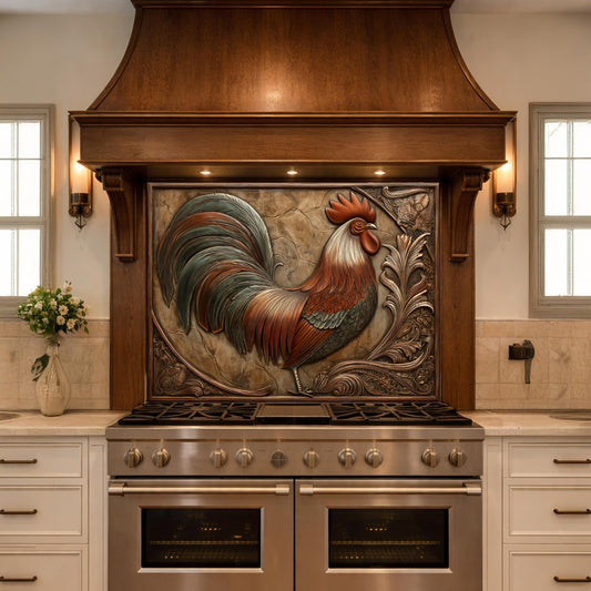Rustic Copper Rooster Backsplash, Farmhouse Style Wall Panel, Custom Size Stove Guard