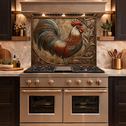 Rustic Copper Rooster Backsplash, Farmhouse Style Wall Panel, Custom Size Stove Guard