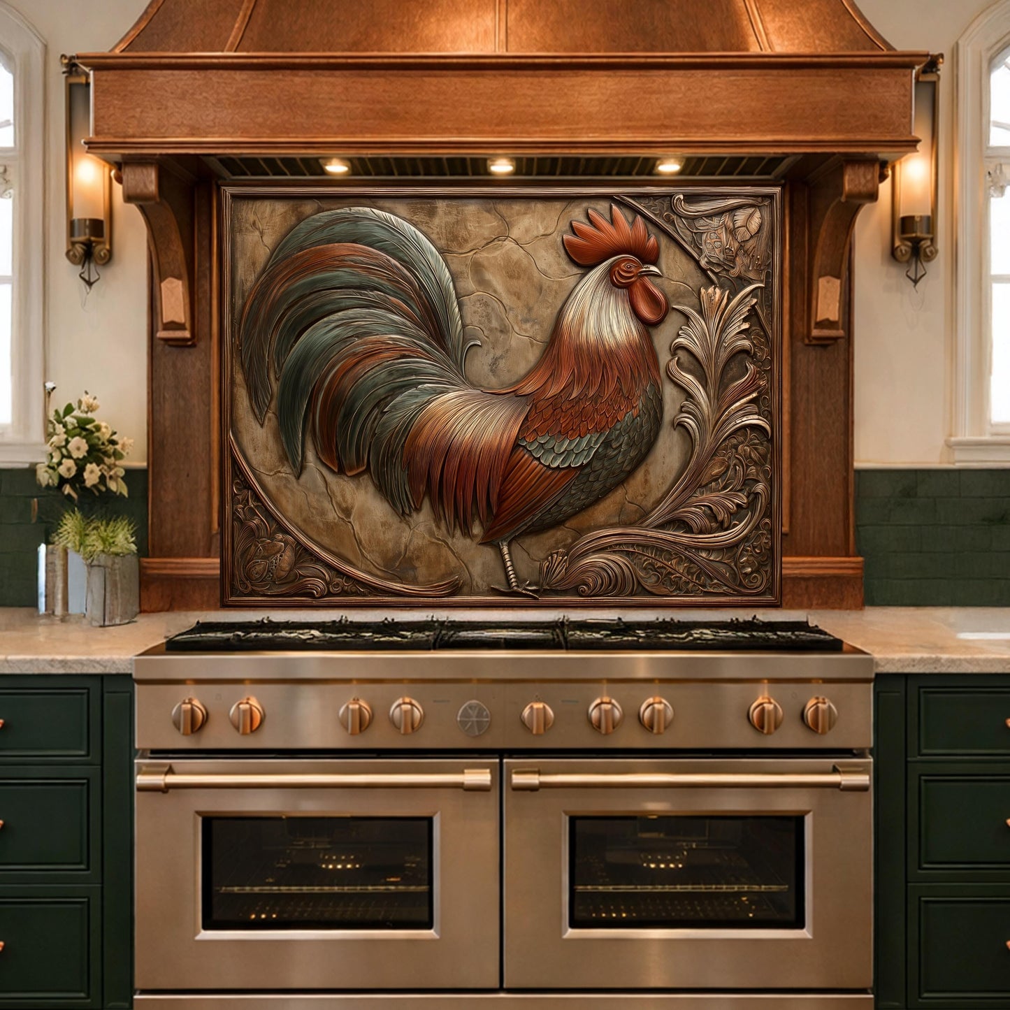 Rustic Copper Rooster Backsplash, Farmhouse Style Wall Panel, Custom Size Stove Guard