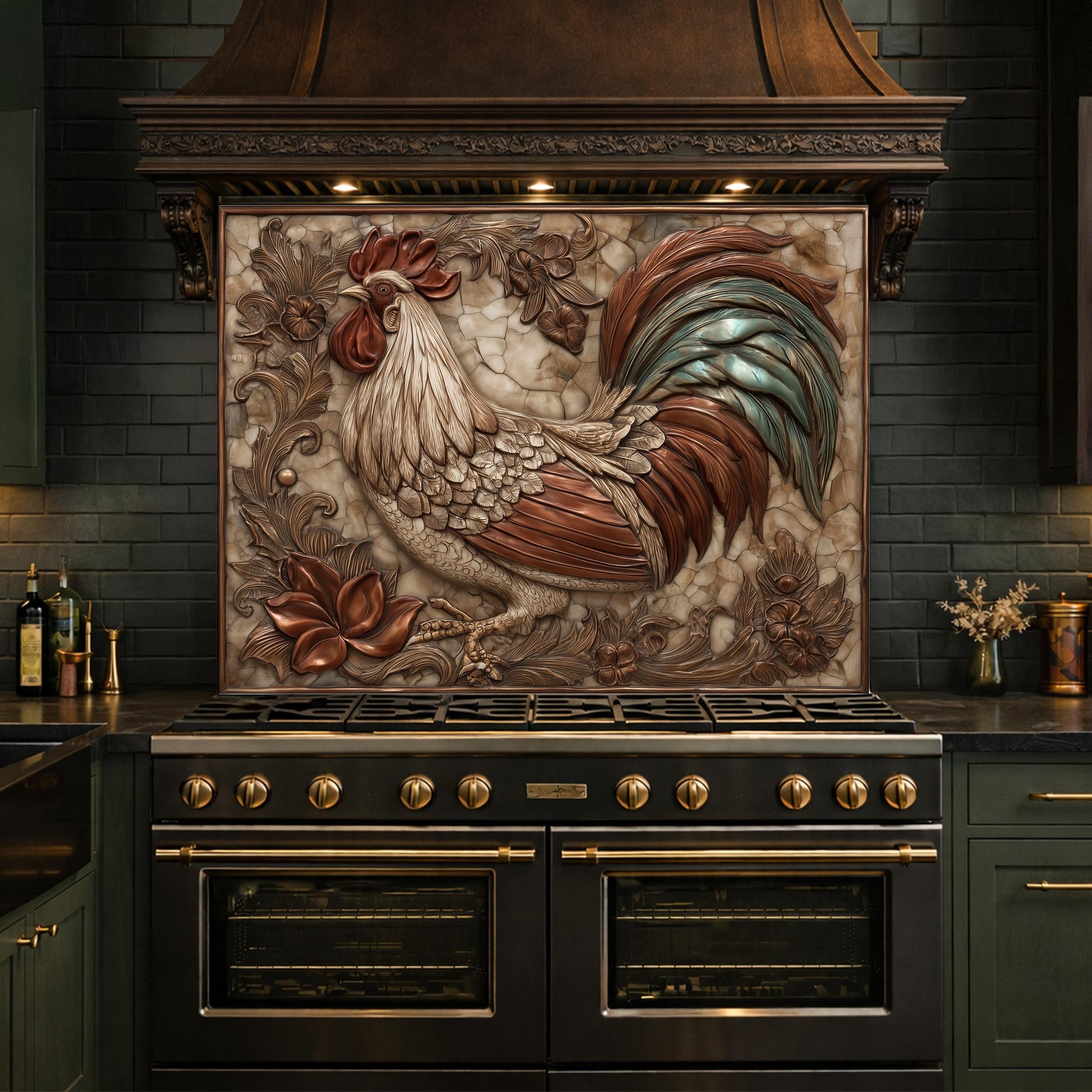 Rustic Rooster with Floral Accents Backsplash, Copper Relief Wall Panel, Custom Size Stove Guard
