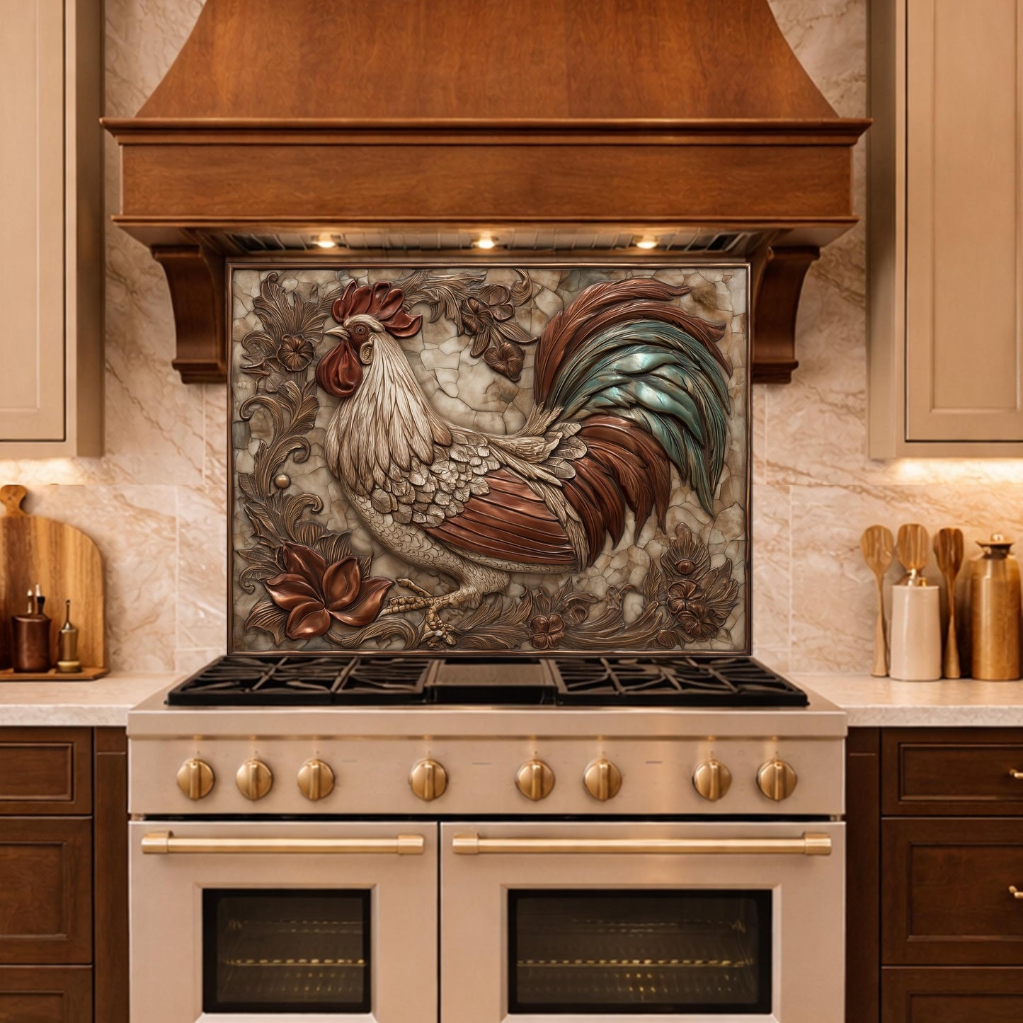 Rustic Rooster with Floral Accents Backsplash, Copper Relief Wall Panel, Custom Size Stove Guard