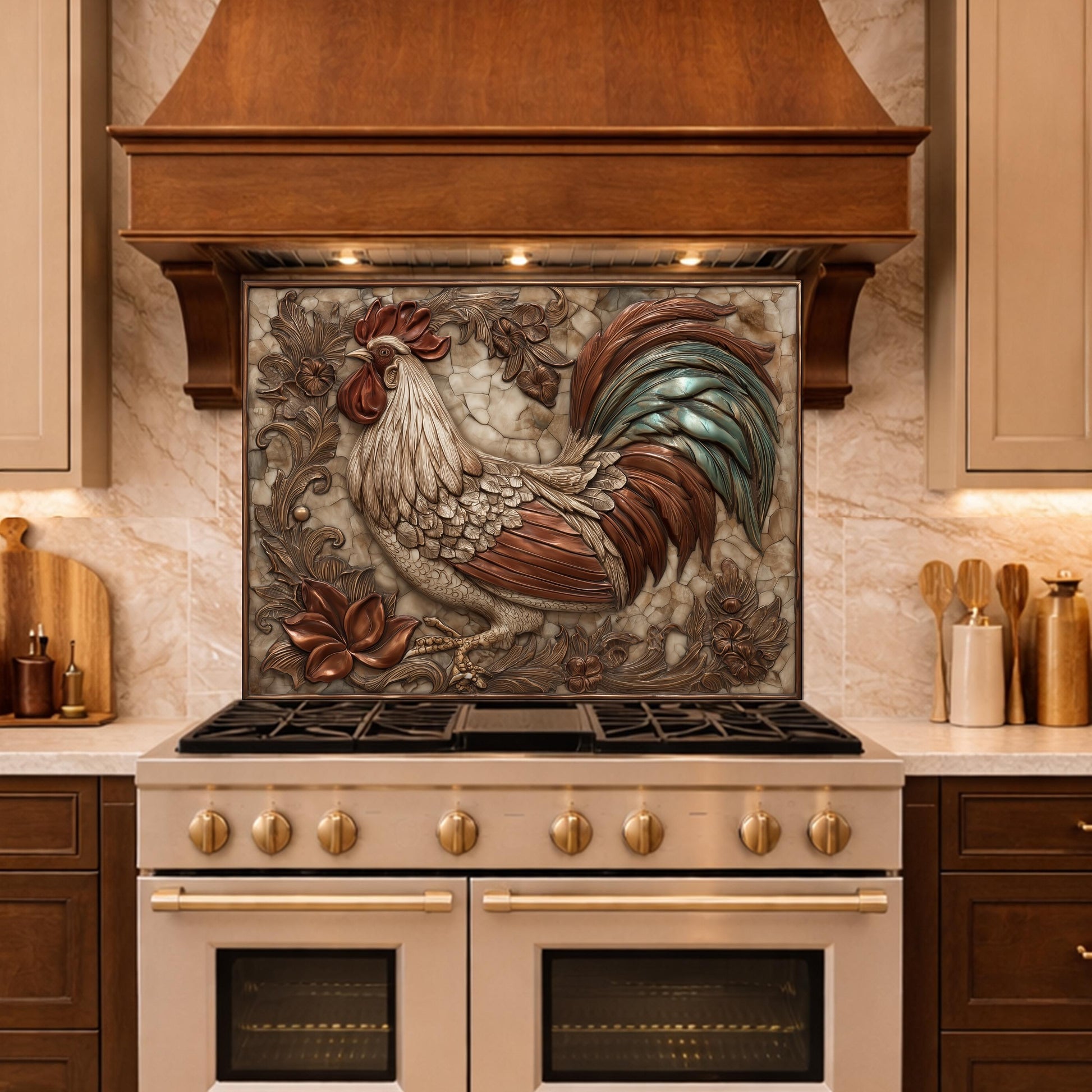 Rustic Rooster with Floral Accents Backsplash, Copper Relief Wall Panel, Custom Size Stove Guard