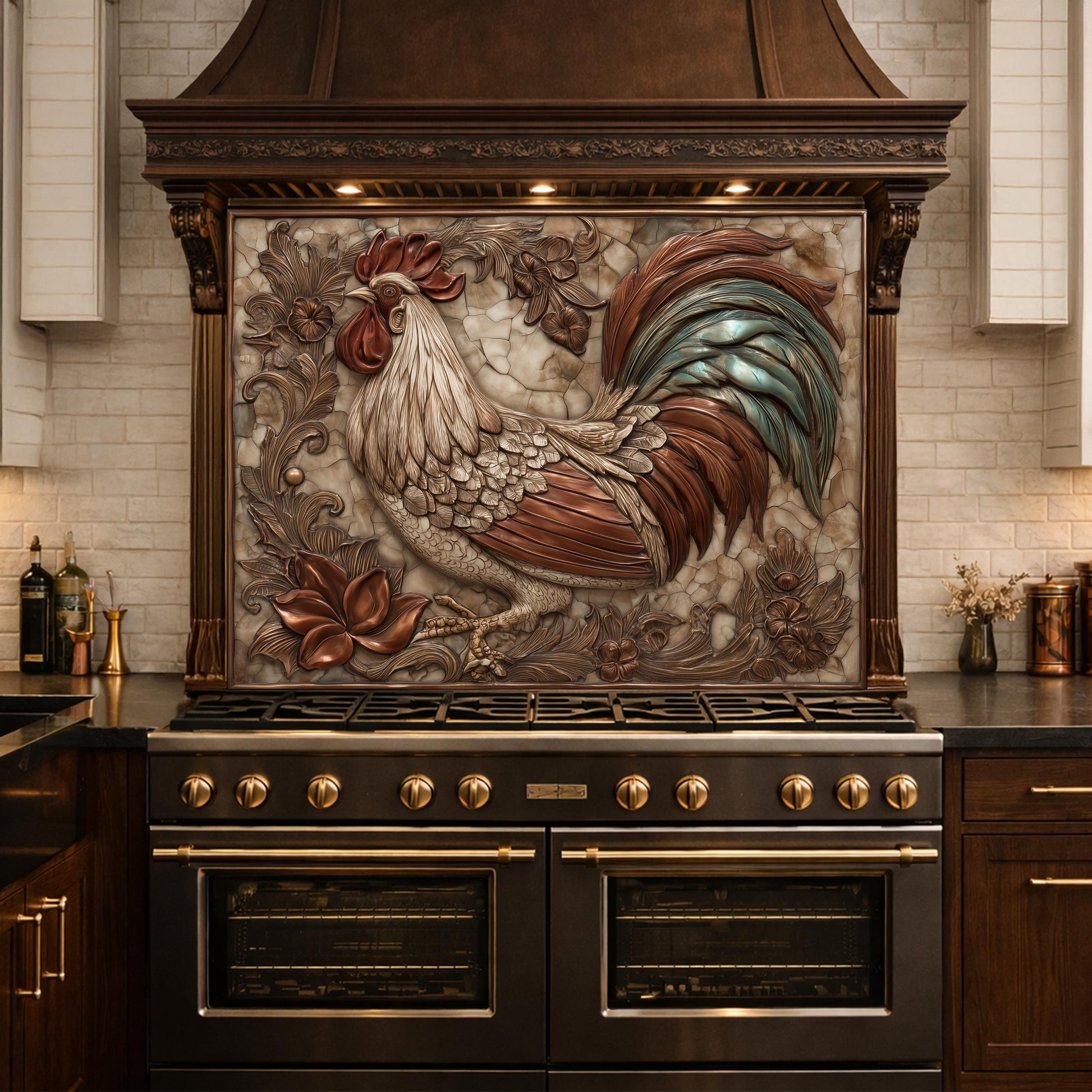 Rustic Rooster with Floral Accents Backsplash, Copper Relief Wall Panel, Custom Size Stove Guard
