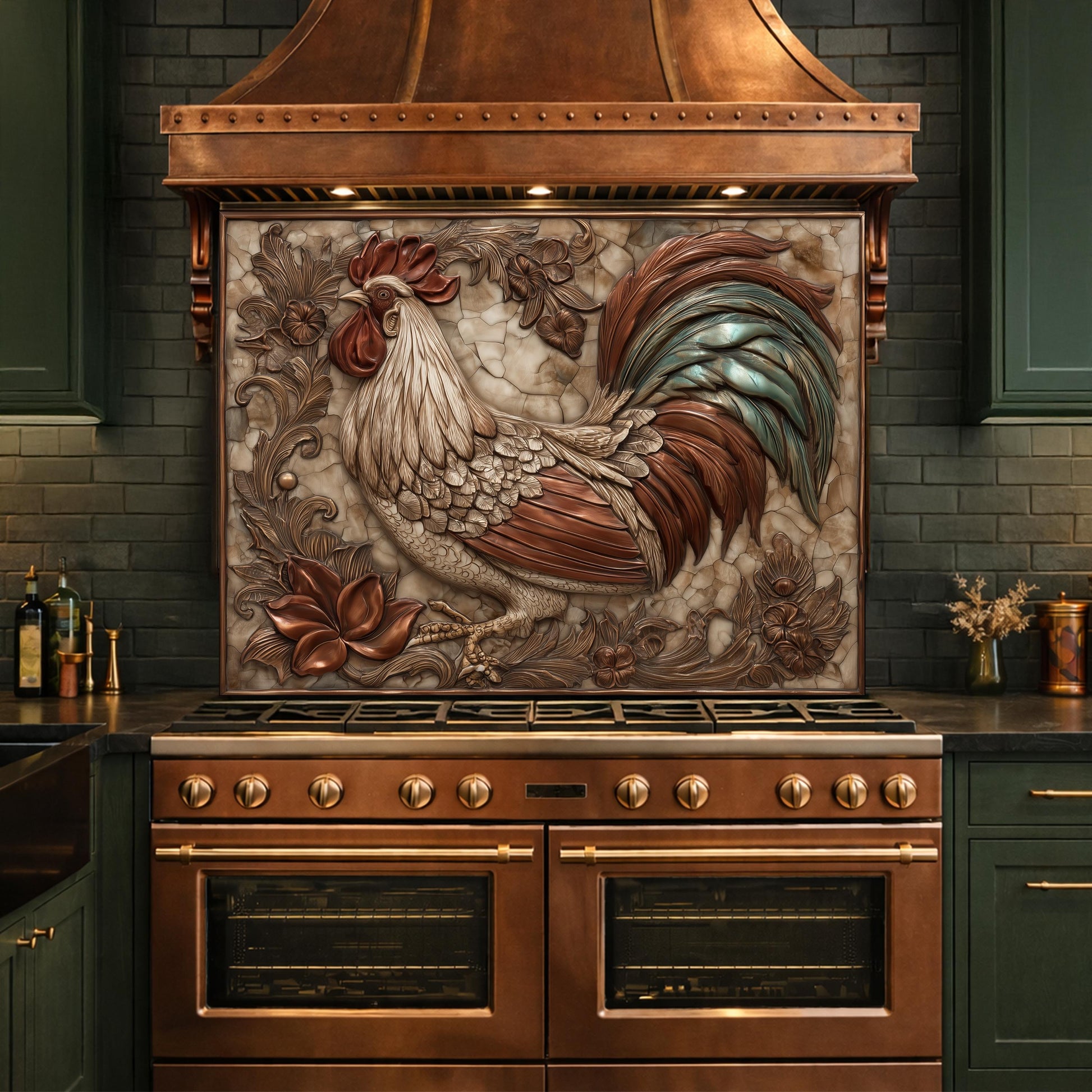 Rustic Rooster with Floral Accents Backsplash, Copper Relief Wall Panel, Custom Size Stove Guard