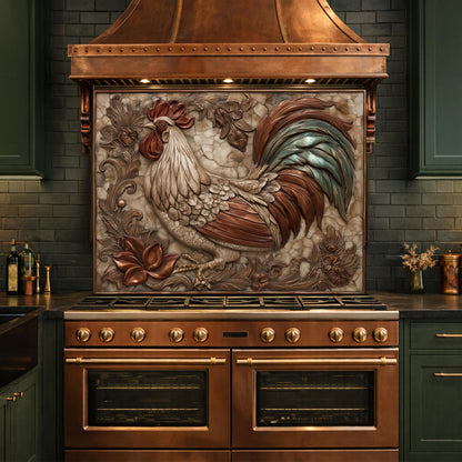 Rustic Rooster with Floral Accents Backsplash, Copper Relief Wall Panel, Custom Size Stove Guard