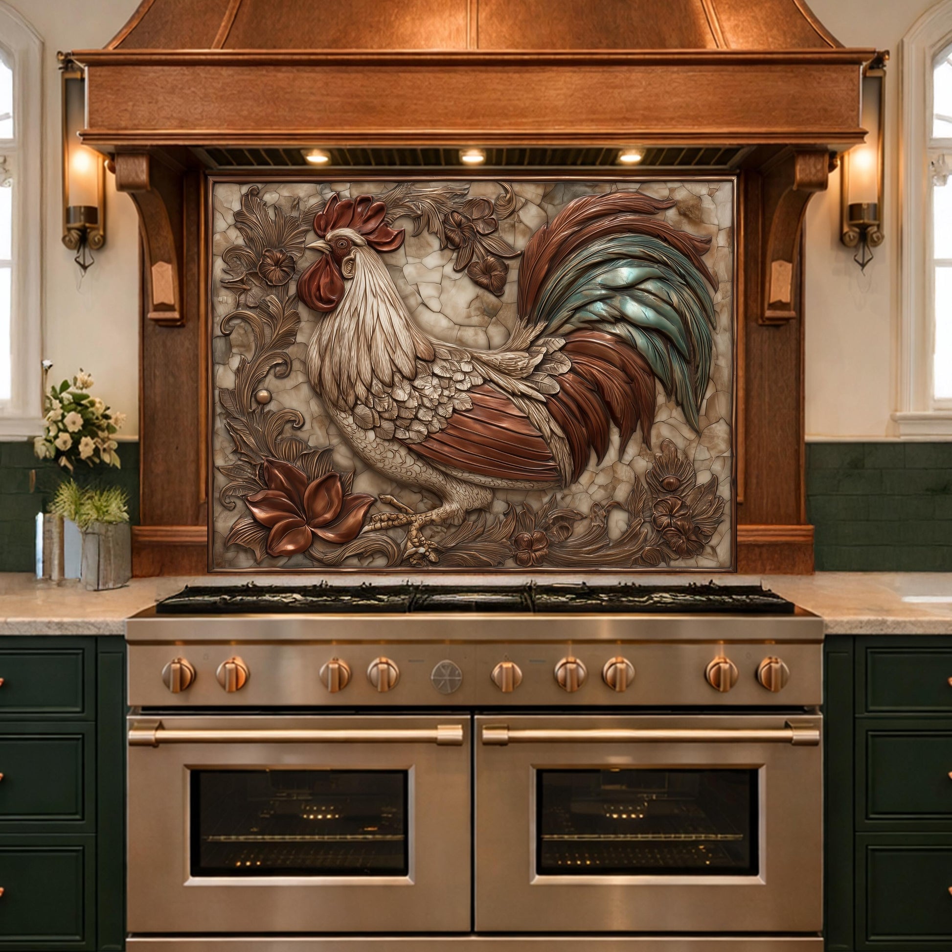 Rustic Rooster with Floral Accents Backsplash, Copper Relief Wall Panel, Custom Size Stove Guard