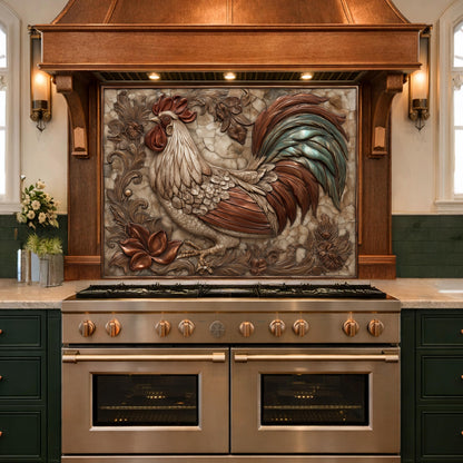 Rustic Rooster with Floral Accents Backsplash, Copper Relief Wall Panel, Custom Size Stove Guard