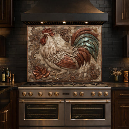 Rustic Rooster with Floral Accents Backsplash, Copper Relief Wall Panel, Custom Size Stove Guard