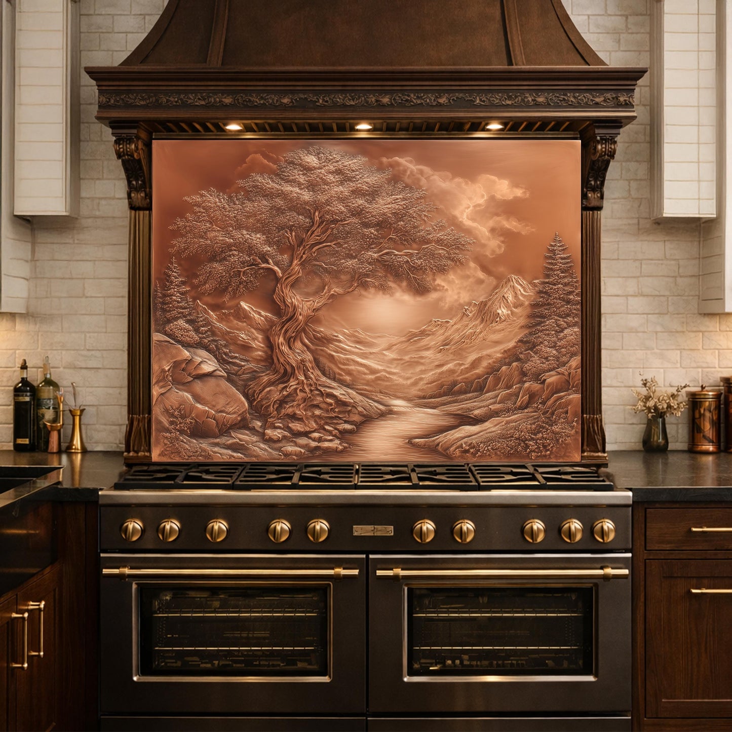 Majestic Twisted Tree Tempered Glass Backsplash, Copper Relief Look Wall Panel, Stove Guard