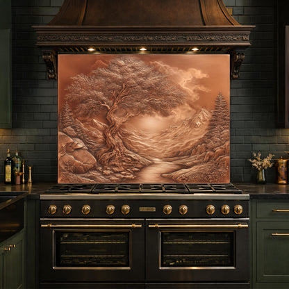 Majestic Twisted Tree Tempered Glass Backsplash, Copper Relief Look Wall Panel, Stove Guard