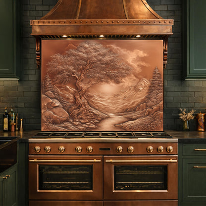 Majestic Twisted Tree Tempered Glass Backsplash, Copper Relief Look Wall Panel, Stove Guard