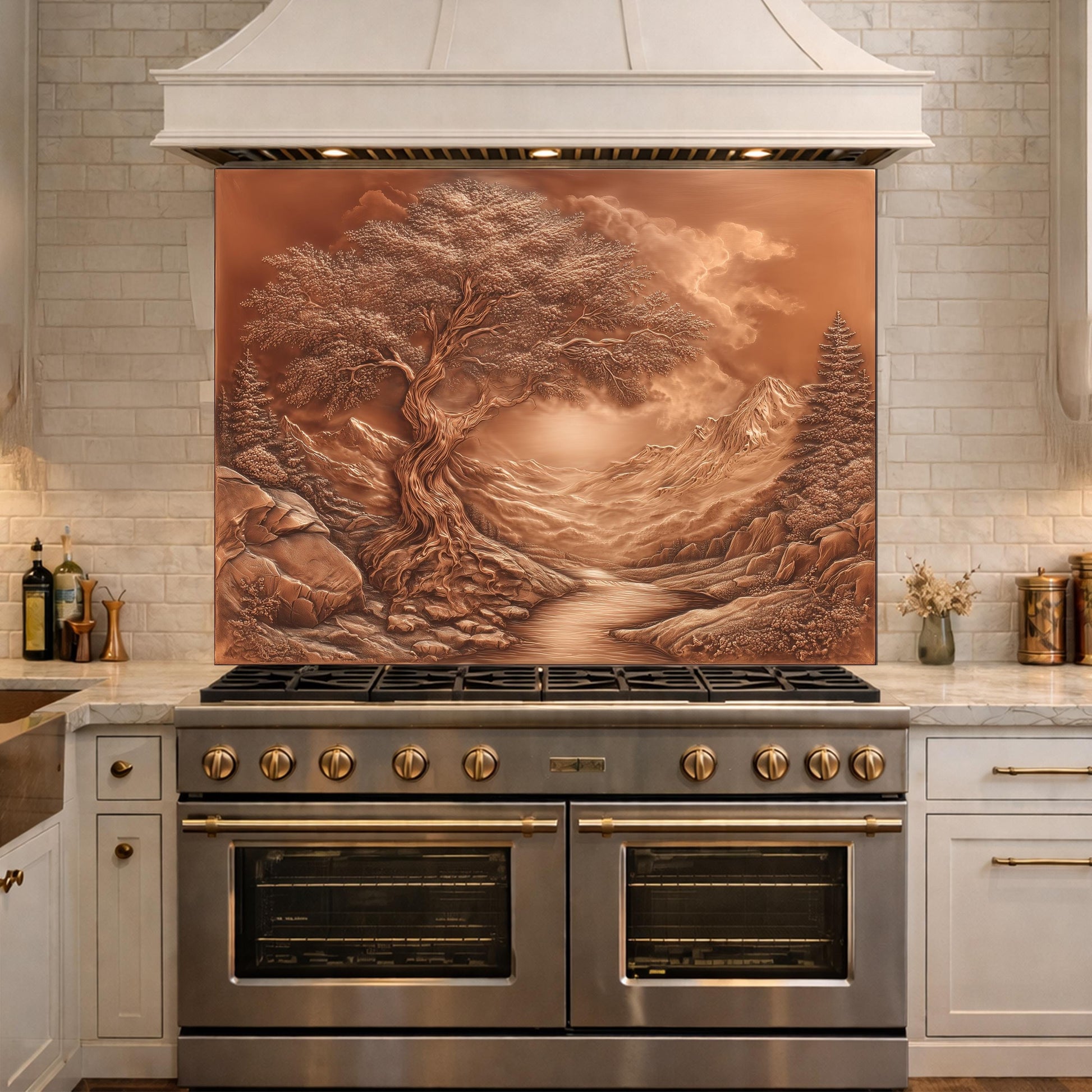 Majestic Twisted Tree Tempered Glass Backsplash, Copper Relief Look Wall Panel, Stove Guard