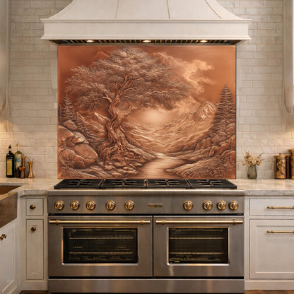 Majestic Twisted Tree Tempered Glass Backsplash, Copper Relief Look Wall Panel, Stove Guard