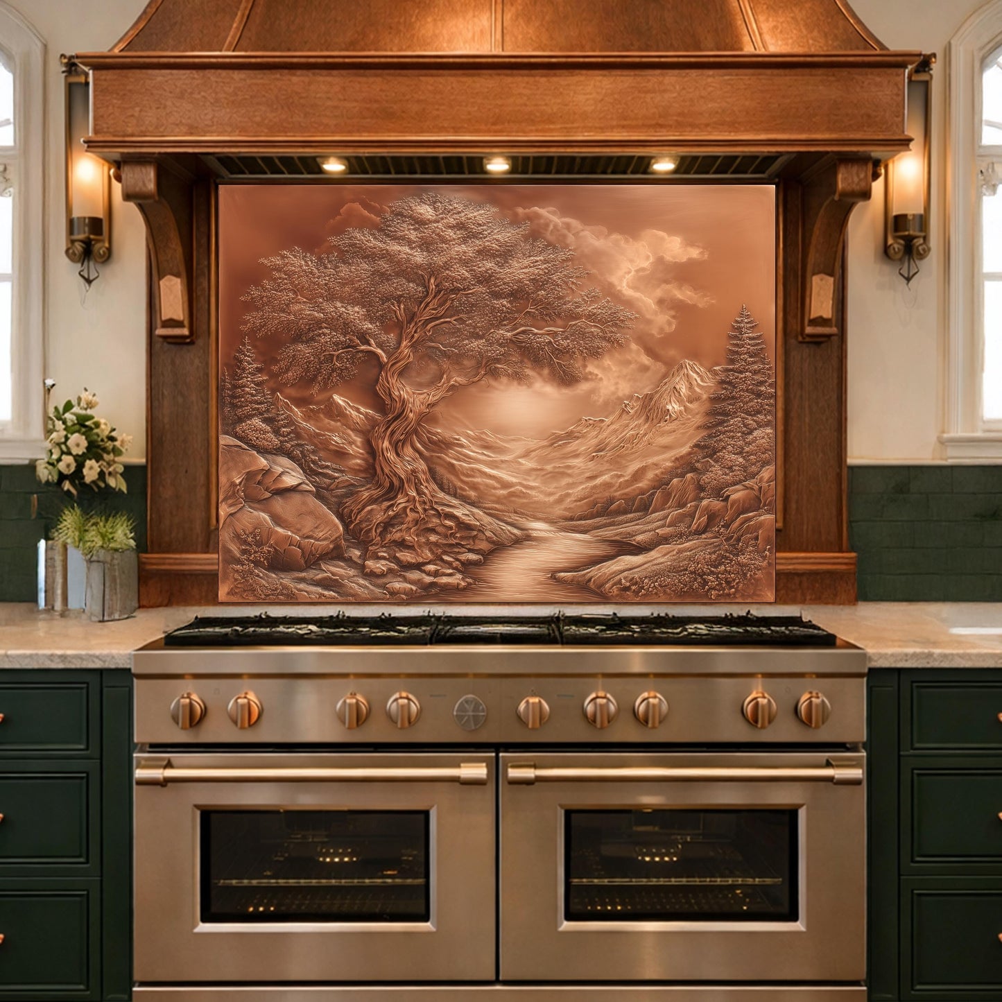 Majestic Twisted Tree Tempered Glass Backsplash, Copper Relief Look Wall Panel, Stove Guard