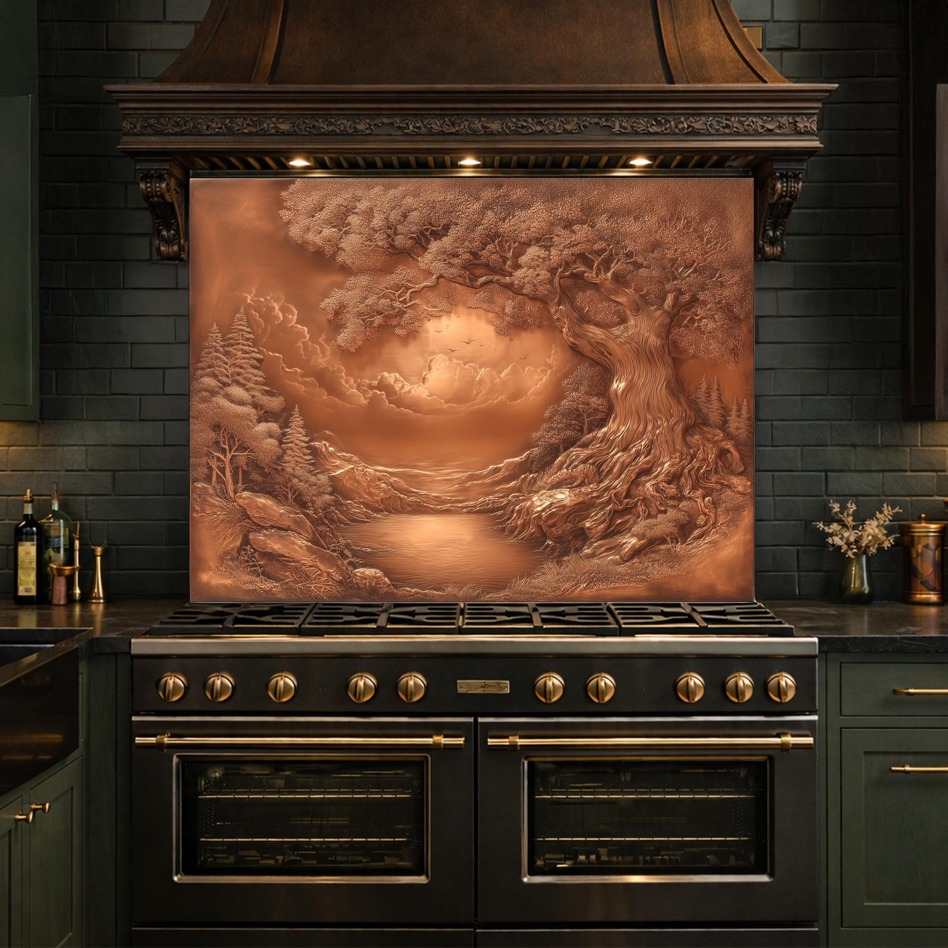 Ancient Tree & Morning Mist Tempered Glass Backsplash, Copper Relief Look Wall Panel, Stove Guard