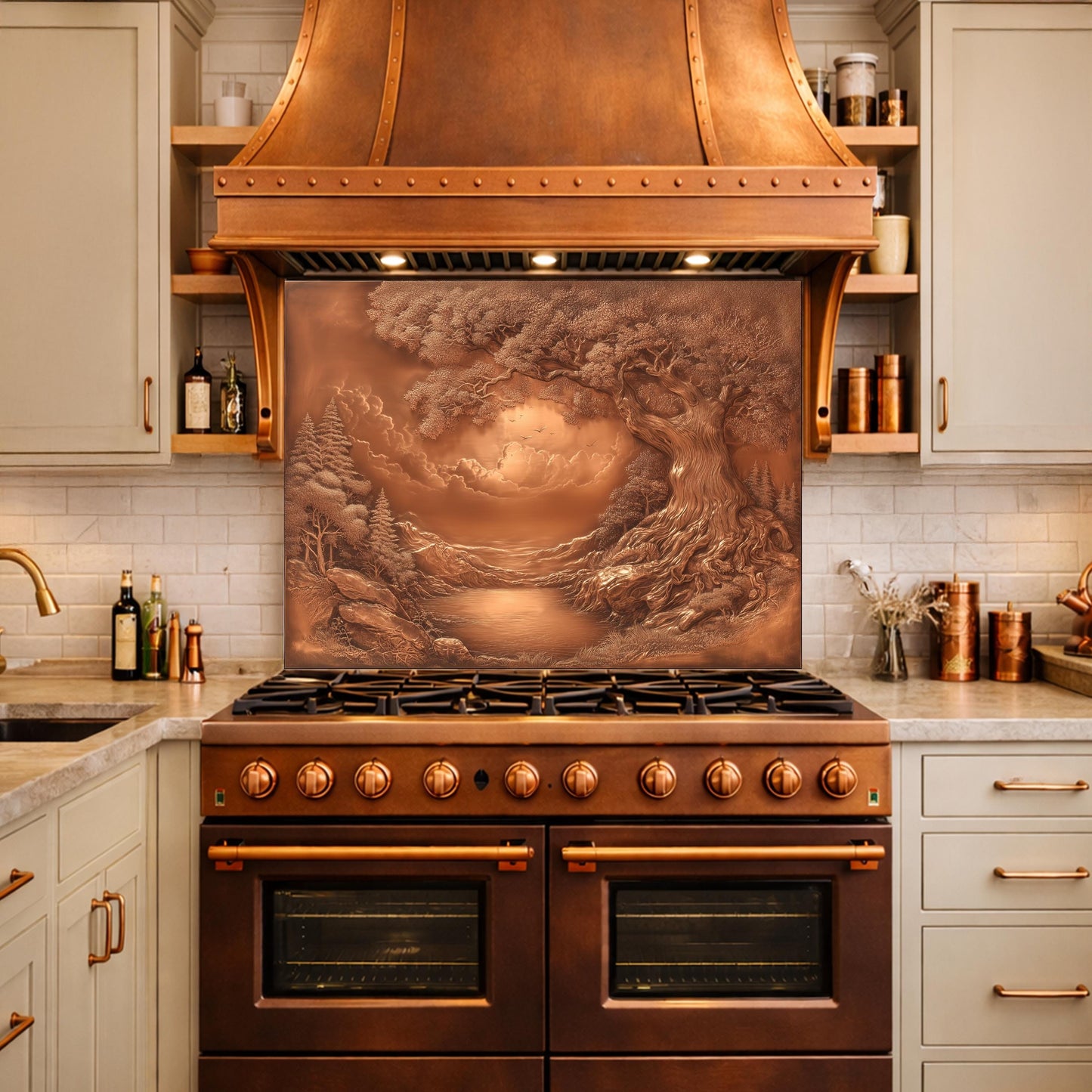 Ancient Tree & Morning Mist Tempered Glass Backsplash, Copper Relief Look Wall Panel, Stove Guard