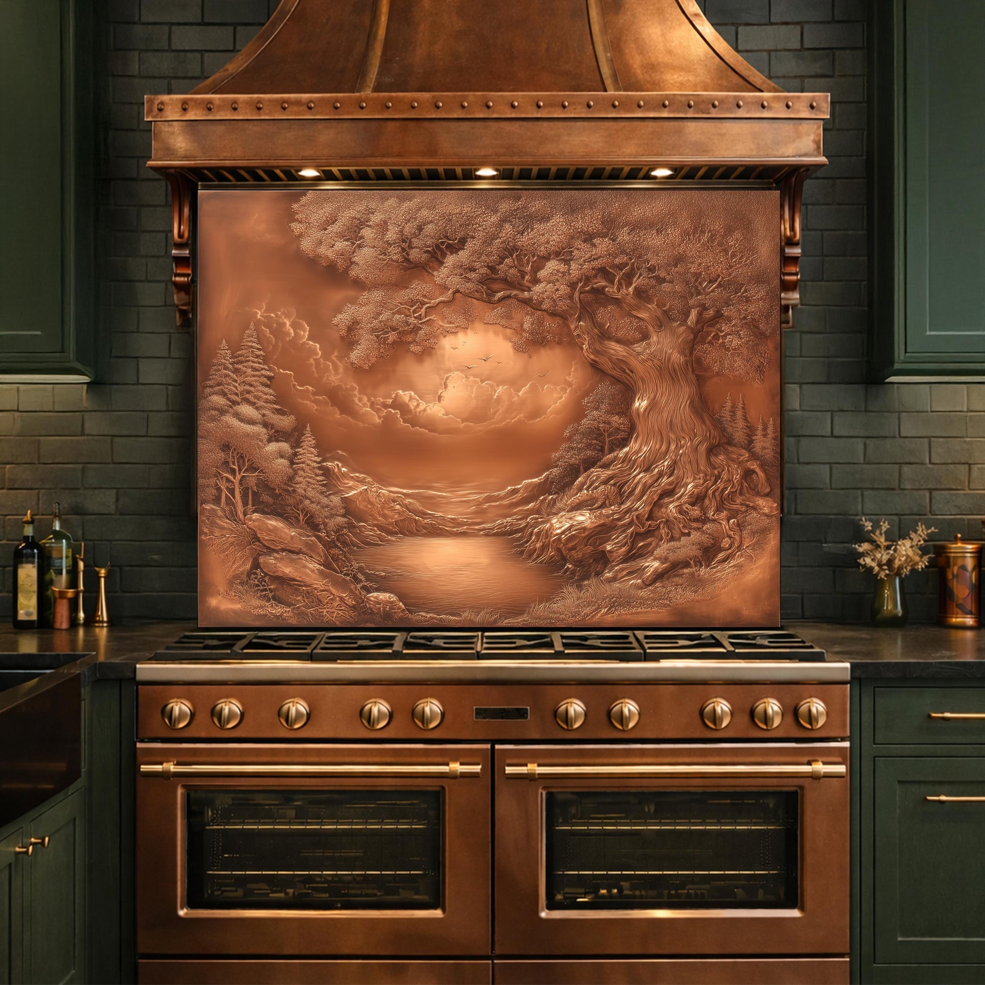 Ancient Tree & Morning Mist Tempered Glass Backsplash, Copper Relief Look Wall Panel, Stove Guard