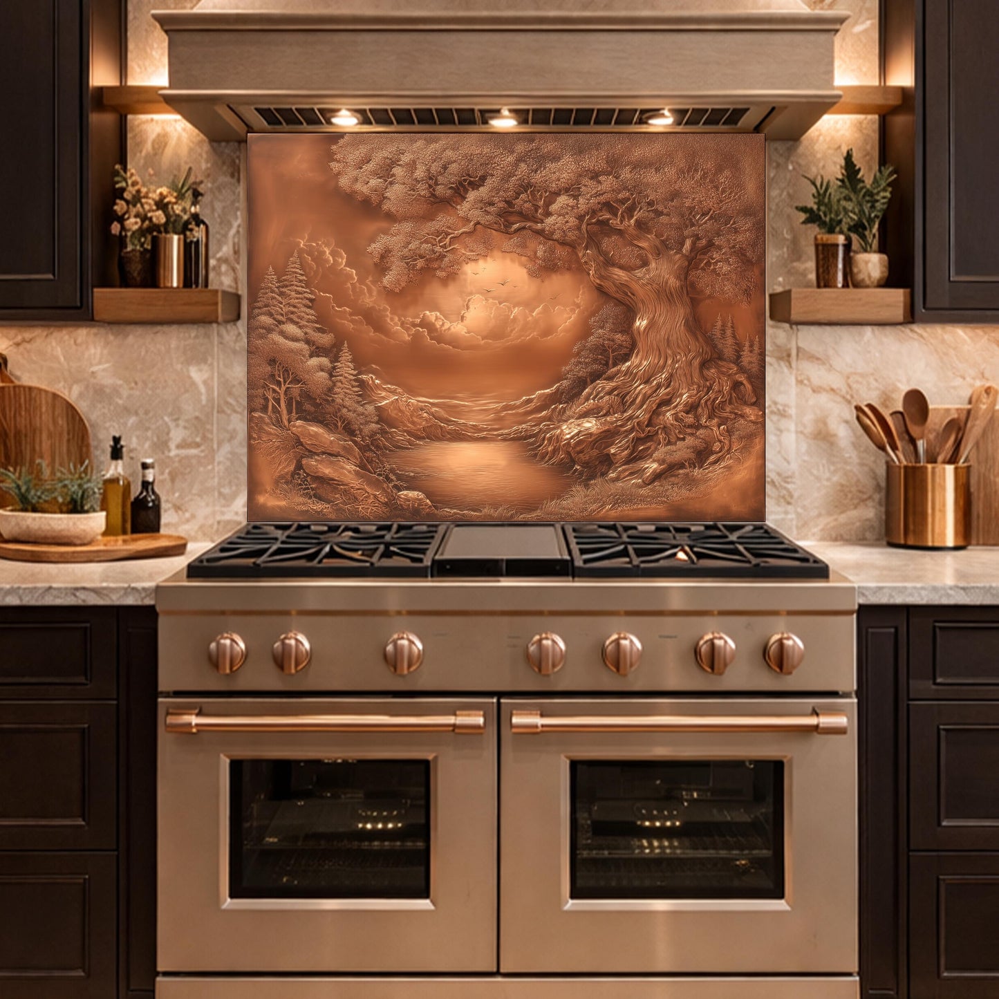 Ancient Tree & Morning Mist Tempered Glass Backsplash, Copper Relief Look Wall Panel, Stove Guard