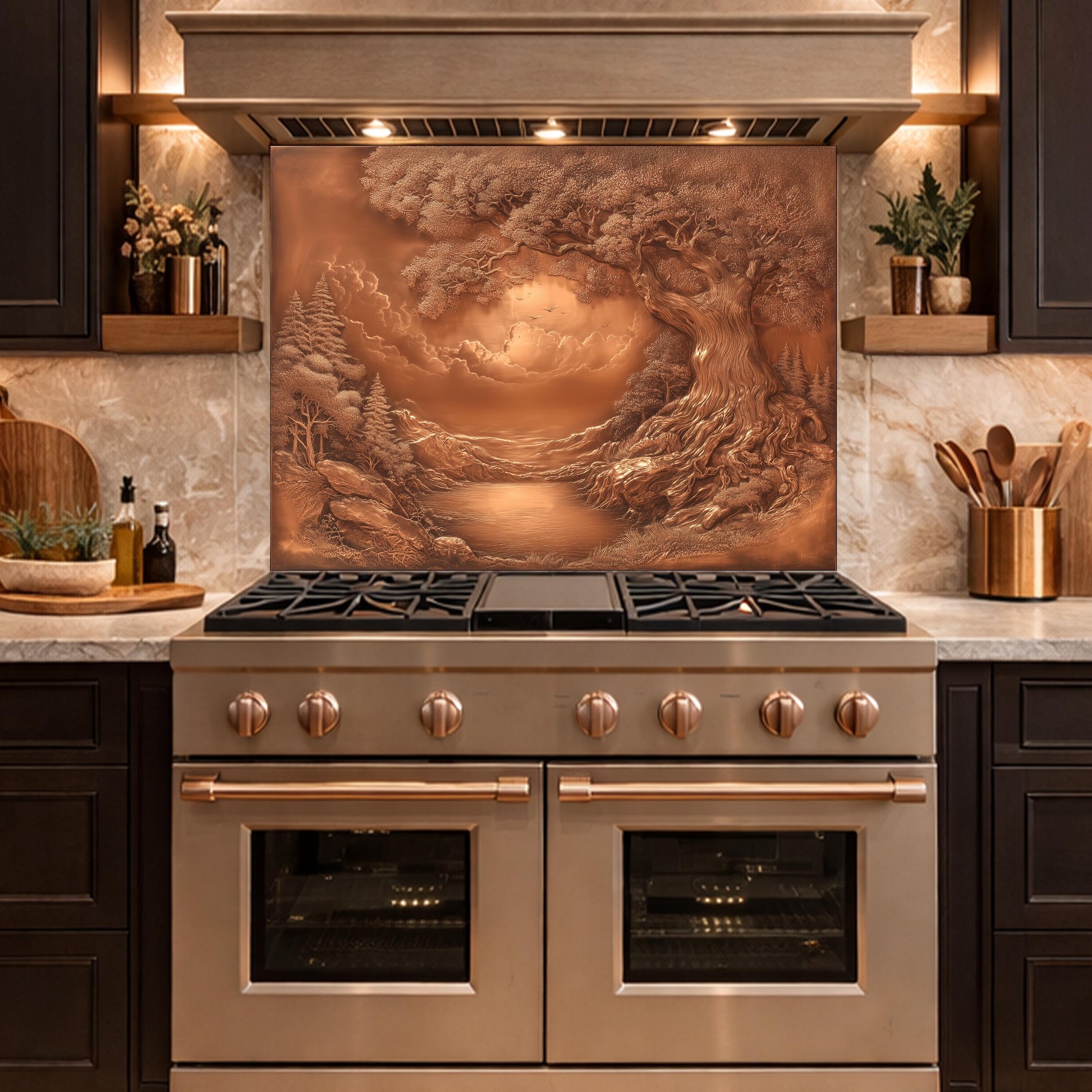 Ancient Tree & Morning Mist Tempered Glass Backsplash, Copper Relief Look Wall Panel, Stove Guard