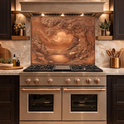 Ancient Tree & Morning Mist Tempered Glass Backsplash, Copper Relief Look Wall Panel, Stove Guard