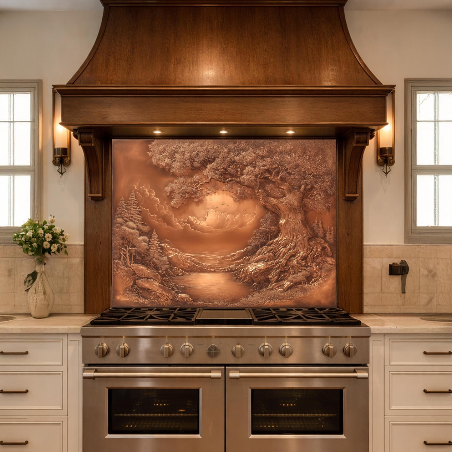 Ancient Tree & Morning Mist Tempered Glass Backsplash, Copper Relief Look Wall Panel, Stove Guard