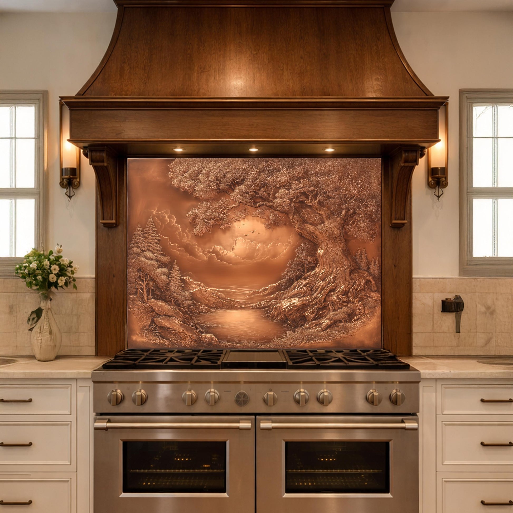 Ancient Tree & Morning Mist Tempered Glass Backsplash, Copper Relief Look Wall Panel, Stove Guard