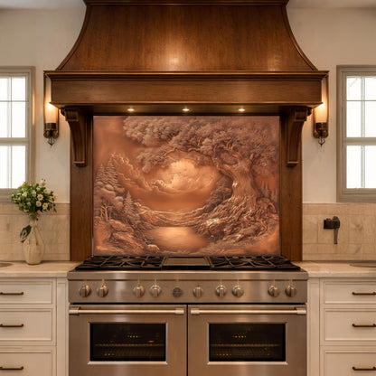 Ancient Tree & Morning Mist Tempered Glass Backsplash, Copper Relief Look Wall Panel, Stove Guard