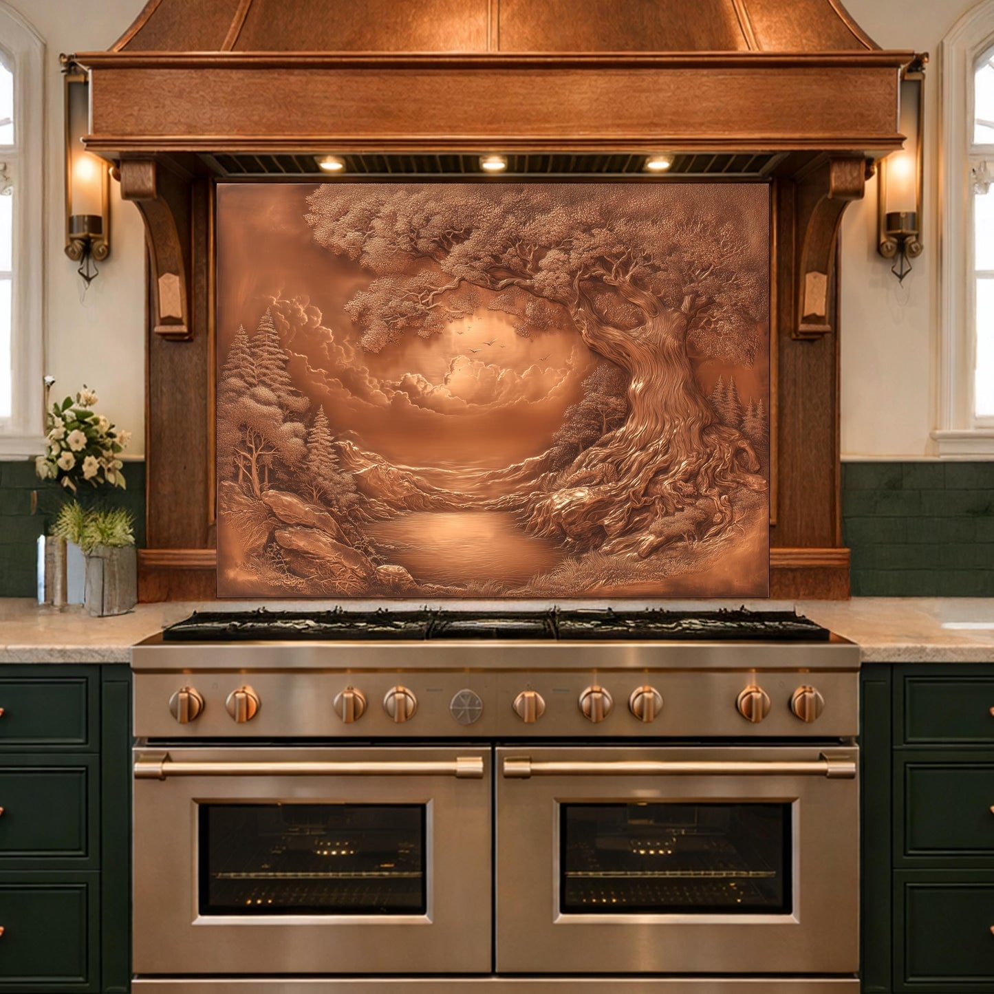 Ancient Tree & Morning Mist Tempered Glass Backsplash, Copper Relief Look Wall Panel, Stove Guard